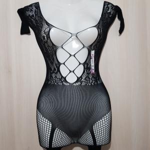 Fekete Bodycon testhezálló egész alakos necc ruha / body, testharisnya