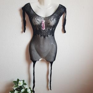 Fekete Bodycon testhezálló egész alakos necc ruha / body, testharisnya