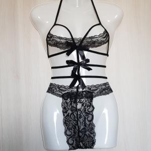 Fekete, csipkés, masnis bondage body