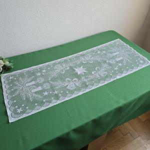 Hófehér színű, gyertya, csengő, csillag mintás karácsonyi asztalközép, asztali futó, terítő