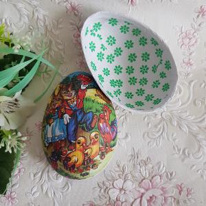 Húsvéti, nyuszi mintás, tojás alakú papírmasé ajándékdoboz, tartó