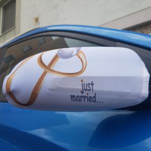 Just married feliratú, gyűrű mintás spandex visszapillantó tükör dísz, autó dekoráció