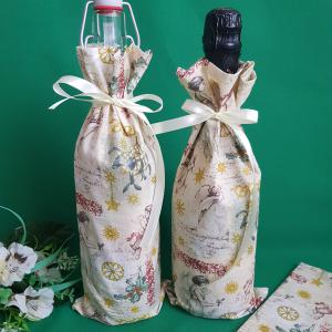 Karácsonyi, angyal és fagyal mintás zsák, textil ajándéktasak borokhoz