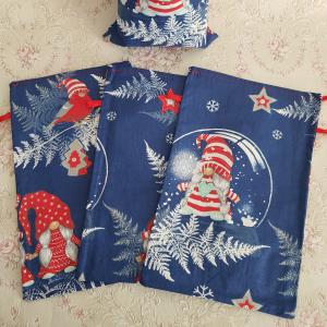 Karácsonyi, manó mintás kék mikulás zsák, textil ajándéktasak