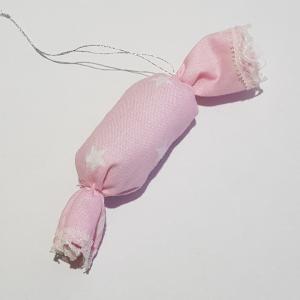 Kézzel készített textil szaloncukor, csillag mintás rózsaszín karácsonyfadísz