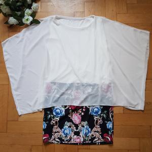 L-2XL-es fehér színű muszlinnal díszített, alkalmi ruha virágmintás szoknya résszel