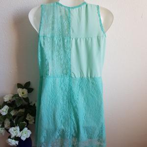 L-es egyedi készítésű, türkizzöld csipkeruha, ujjatlan alkalmi miniruha