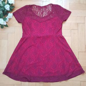 L/XL-es bordó színű alkalmi csipkeruha, rövid ujjú miniruha