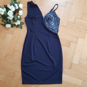 M-es sötétkék, flitteres alkalmi ruha, midi ruha