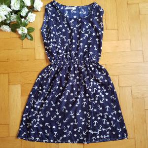 M-es ujjatlan nyári ruha - sötétkék alapon csillag és horgony mintás