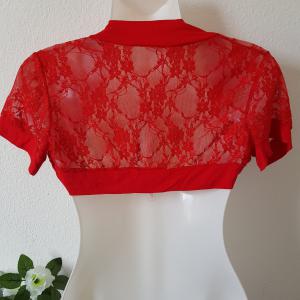 Piros színű, rövid ujjú, elasztikus csipke boleró, menyecske boleró