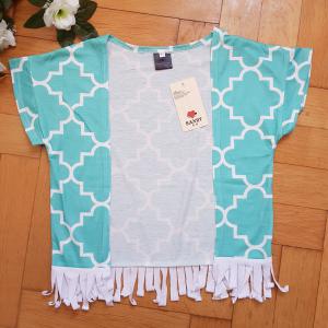 S-es türkizzöld, morocco mintás, rojtos boleró, rövid ujjú felső