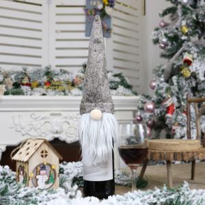 Szürke sapkás karácsonyi manó dísz pezsgősüvegre, borosüvegre