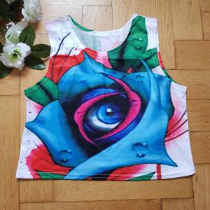 XS-es rózsában kék szem mintás crop top, ujjatlan haspóló