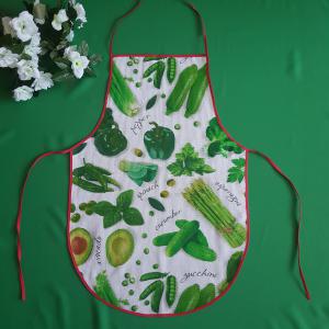 Zöld színű zöldség-gyümölcs-fűszer mintás pamut konyhai kötény