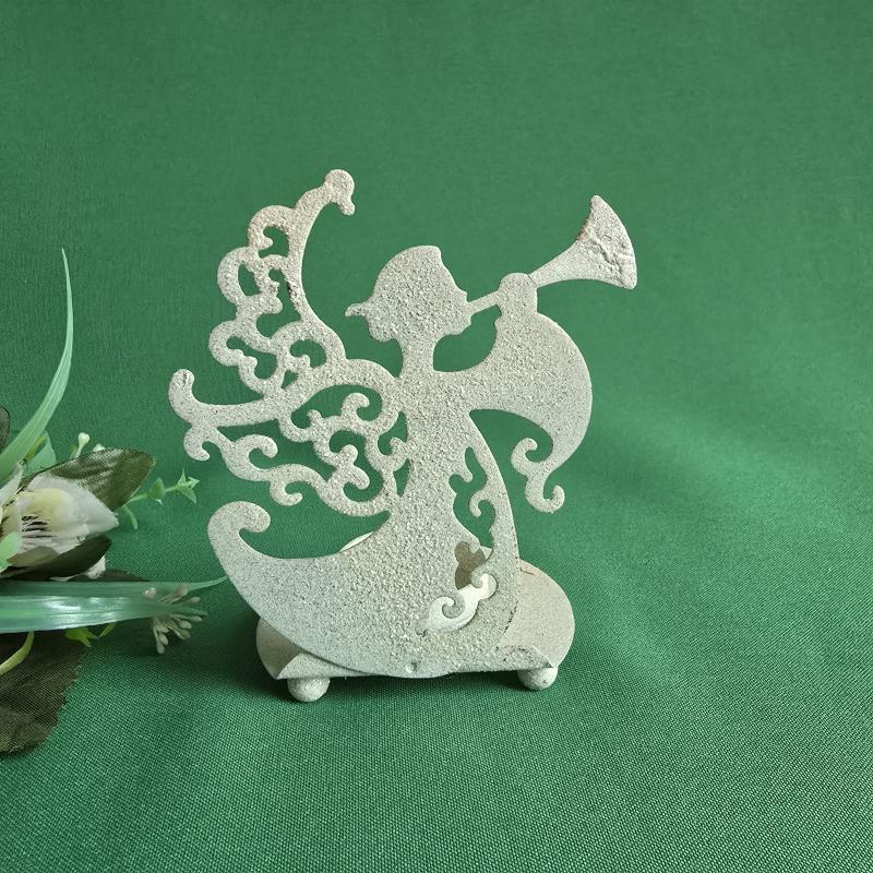 Fehér színű, csillogó glitteres trombitáló angyalka díszes karácsonyi mécsestartó, gyertyatartó