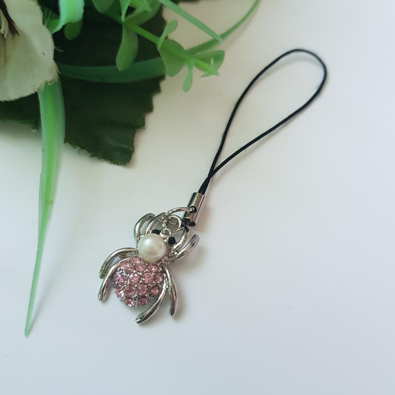 Gyöngyös, rózsaszín strasszköves, pók alakú mobildísz, függődísz, táskadísz