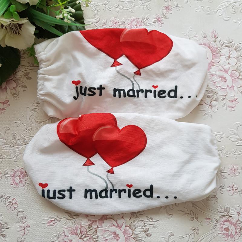 Just married feliratú, szív alakú lufi mintás spandex visszapillantó tükör dísz, autó dekoráció
