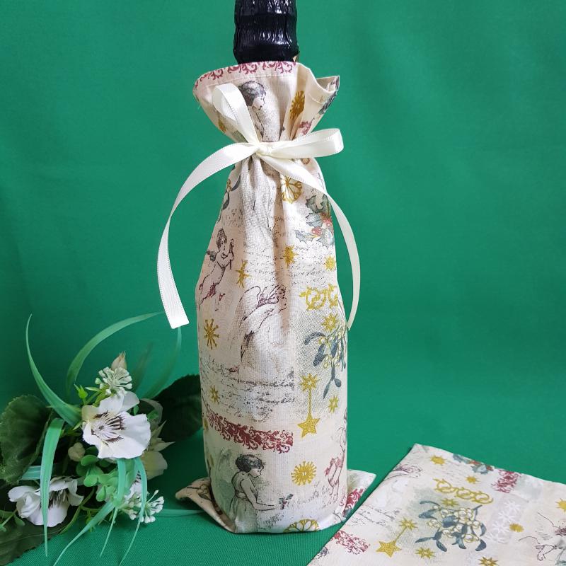 Karácsonyi, angyal és fagyal mintás zsák, textil ajándéktasak pezsgőkhöz