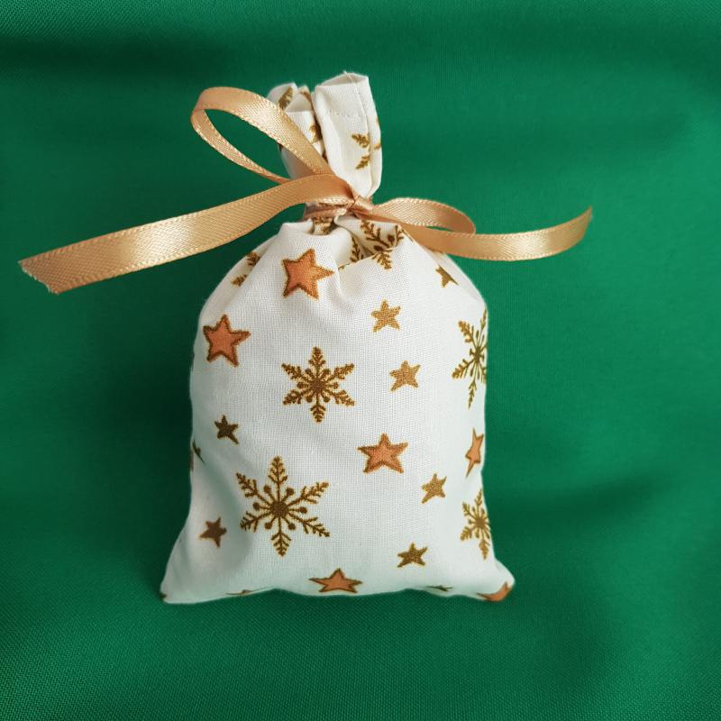Karácsonyi, csillag-hópehely mintás MINI mikulás zsák, textil ajándéktasak