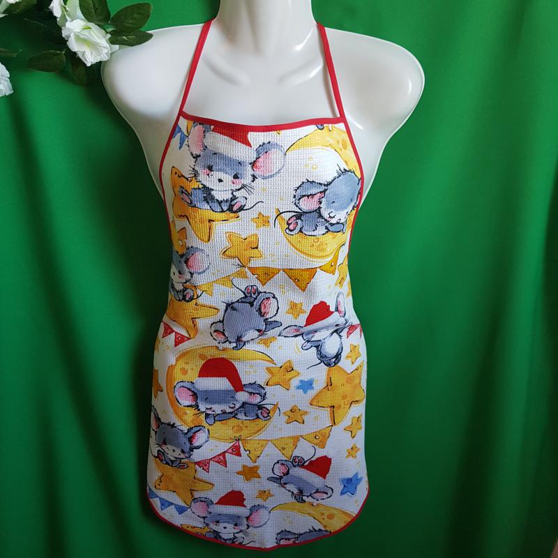 Karácsonyi, egérke mintás pamut konyhai kötény sárga széllel