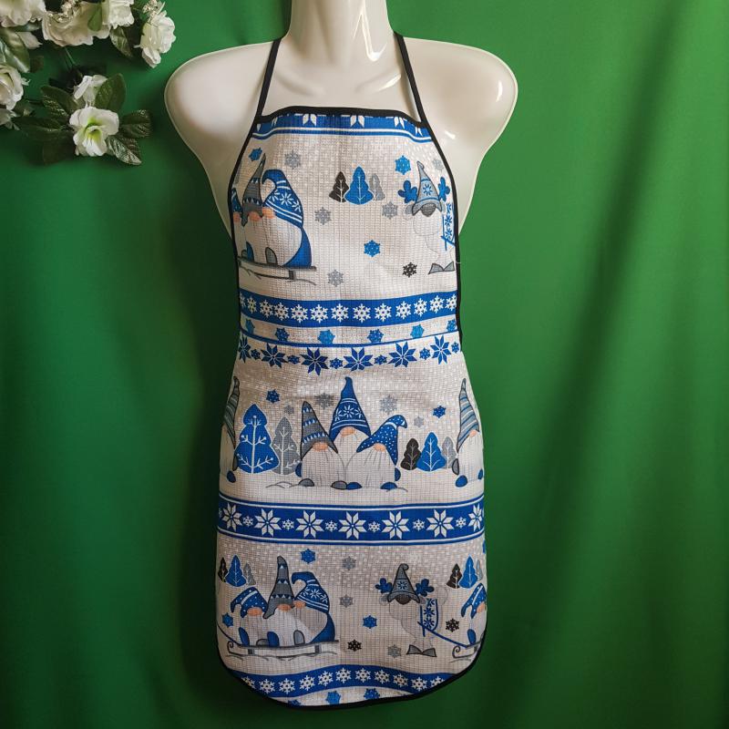 Karácsonyi, manó mintás pamut konyhai kötény fekete szegéllyel