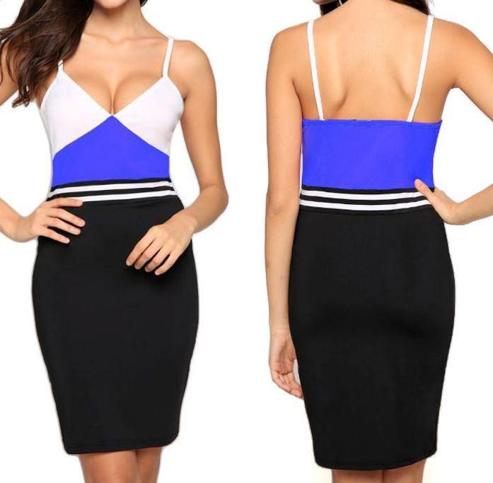 L-es fekete-fehér-királykék színű, pántos midi ruha