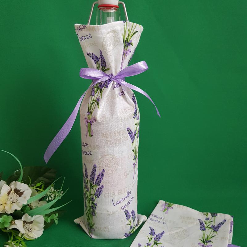 Levendula mintás zsák, textil ajándéktasak borokhoz