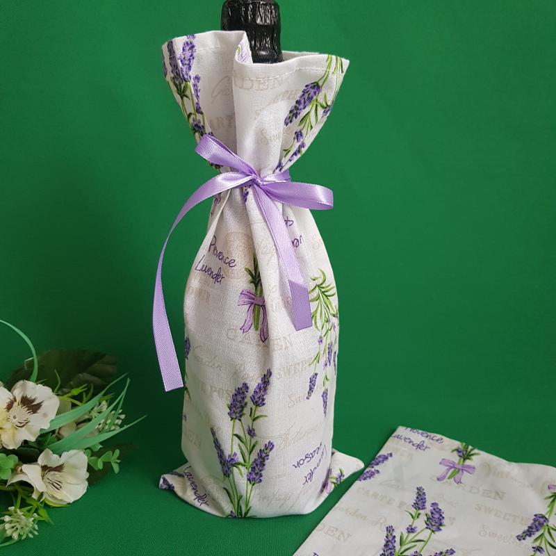 Levendula mintás zsák, textil ajándéktasak pezsgőkhöz