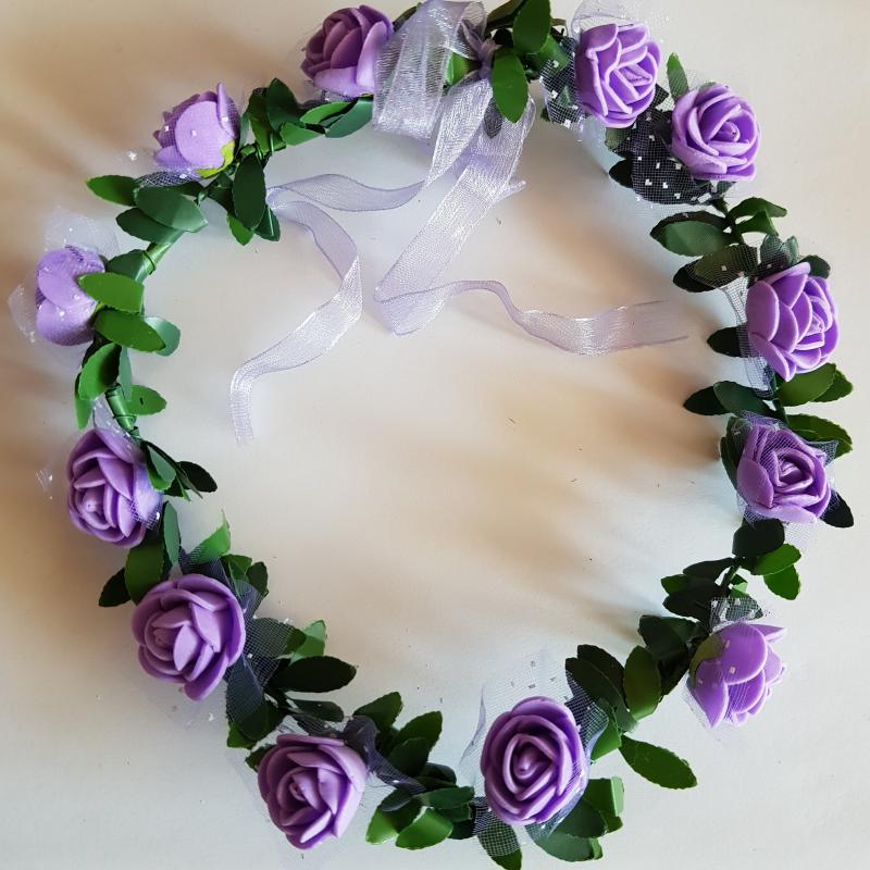 Lila habrózsás hajkoszorú, koszorúslány hajdísz