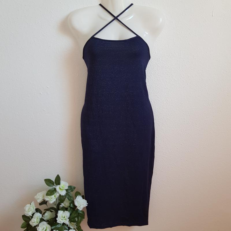 M-es sötétkék ezüst glitteres pántos alkalmi ruha, midi ruha