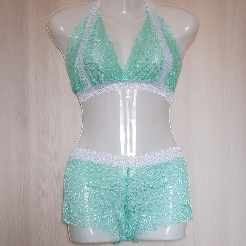 Mentazöld-fehér csipke fehérnemű szett: melltartó + francia bugyi