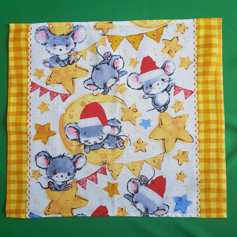 Nagyméretű Karácsonyi, egérke mintás pamut konyharuha, törlőkendő sárga széllel