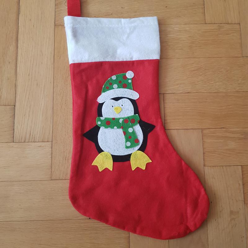 Pingvin mintás, csizma alakú mikulás zsák, textil ajándéktasak