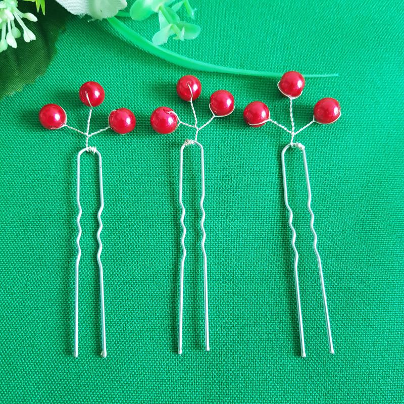 Piros gyöngyös, 3 ágú menyasszonyi / menyecske hajtű, drótos hajdísz