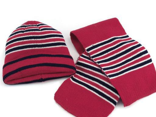 Piros-kék-fehér színű kötött sapka + sál gyerek szett