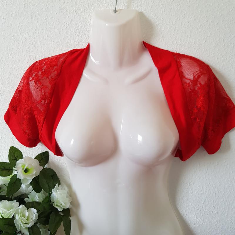 Piros színű, rövid ujjú, elasztikus csipke boleró, menyecske boleró