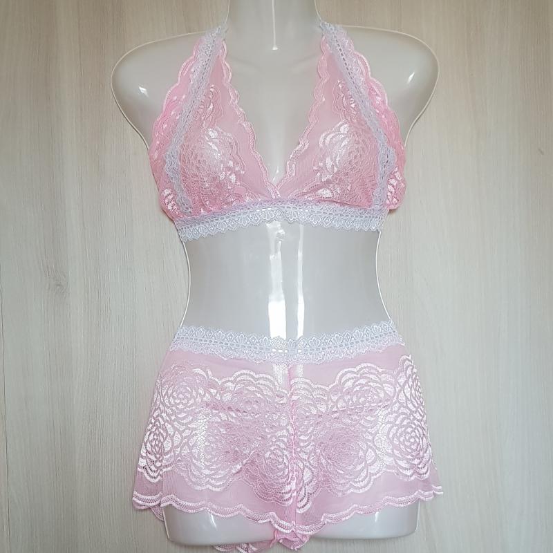 Rózsaszín-fehér csipke fehérnemű szett: melltartó + francia bugyi