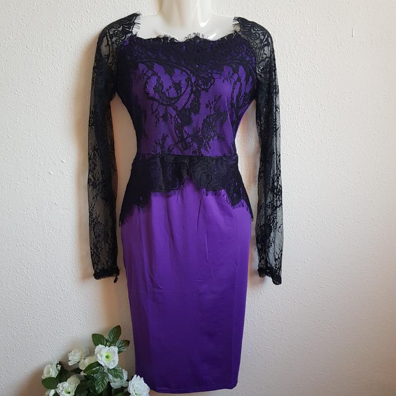 S-es fekete csipkés, hosszú ujjú, lila színű, karcsúsított alkalmi ruha, midi ruha