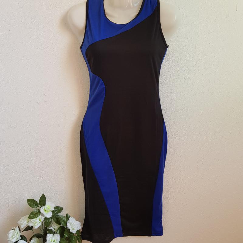 S-es fekete-királykék színű, ujjatlan midi ruha