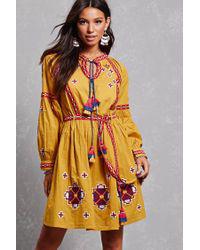 S-es hosszú ujjú, hímzett mustársárga ruha