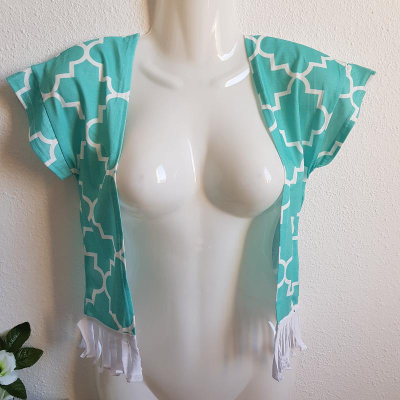 S-es türkizzöld, morocco mintás, rojtos boleró, rövid ujjú felső