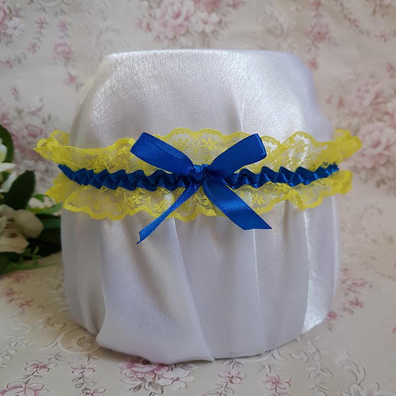 Sárga csipkés, királykék masnis menyasszonyi harisnyakötő, combcsipke