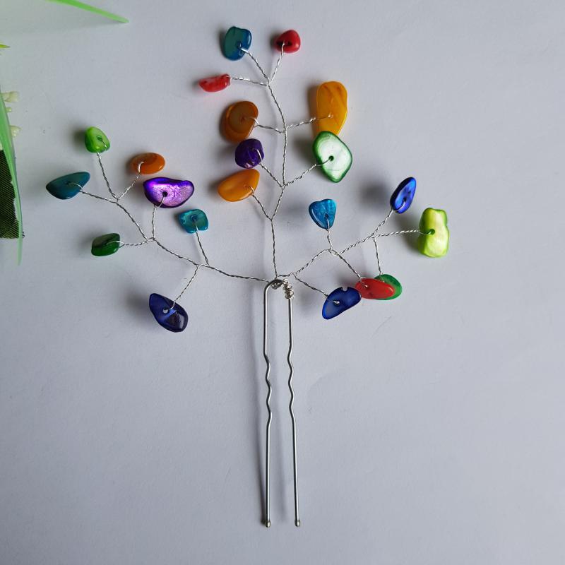 Színes, lapos gyöngyös, 3 ágú hajtű, drótos hajdísz