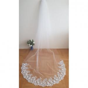 1 rétegű, 3D virágos csipkés szélű HÓFEHÉR, 3 méteres menyasszonyi fátyol (96.1)