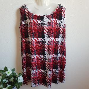 2XL-es egyedi készítésű, piros-fehér-fekete, ujjatlan miniruha, hosszított felső, tunika