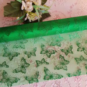36cm-es fűzöld színű, glitteres, pillangó mintás organza anyag