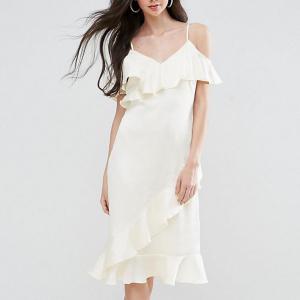 38-as/S-es krém színű, fodros, ejtett vállú, spagetti pántos alkalmi ruha, midi ruha