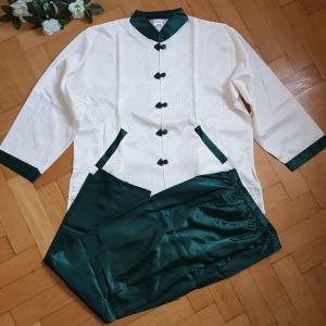 40-42-es/M-es krém-zöld színű, kínai stílusú szatén pizsama szett