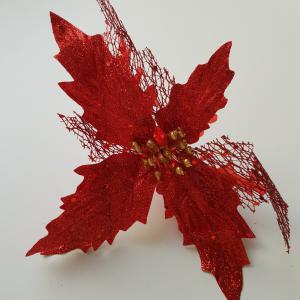 Csillogós, piros mikulásvirág fej, karácsonyi dísz